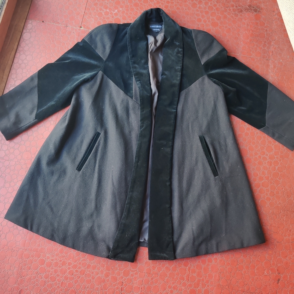 80s Donnybrook Wool Velvet Open Car Coat Women's 12 Black Trapeze Minimalist - Picture 5 of 16